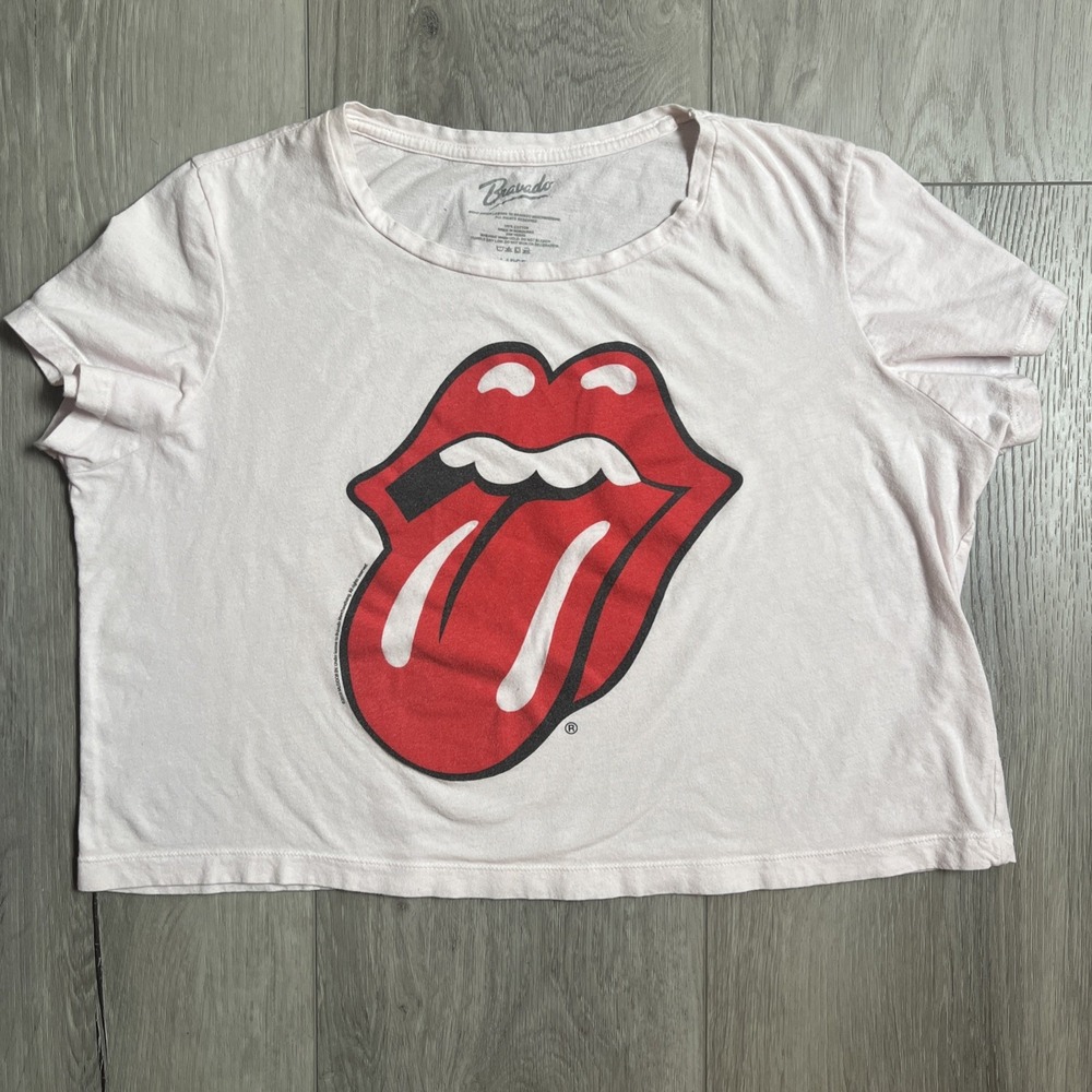 Rolling Stones Crop Top Shirt Womens Large White Red Bravado Tongue Graphic Tee